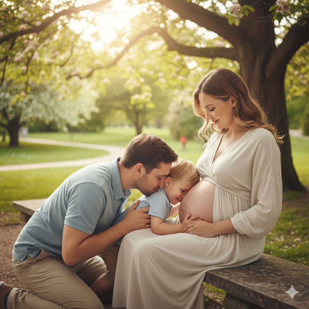 Marido e filho beijando a barriga da gestante